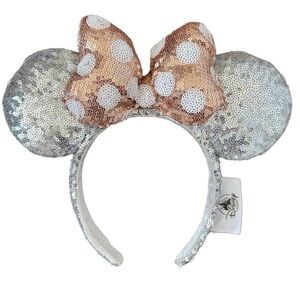Disney Parks Silver Sequin Rose Gold Dot Bow Minnie Mouse Ears Headband